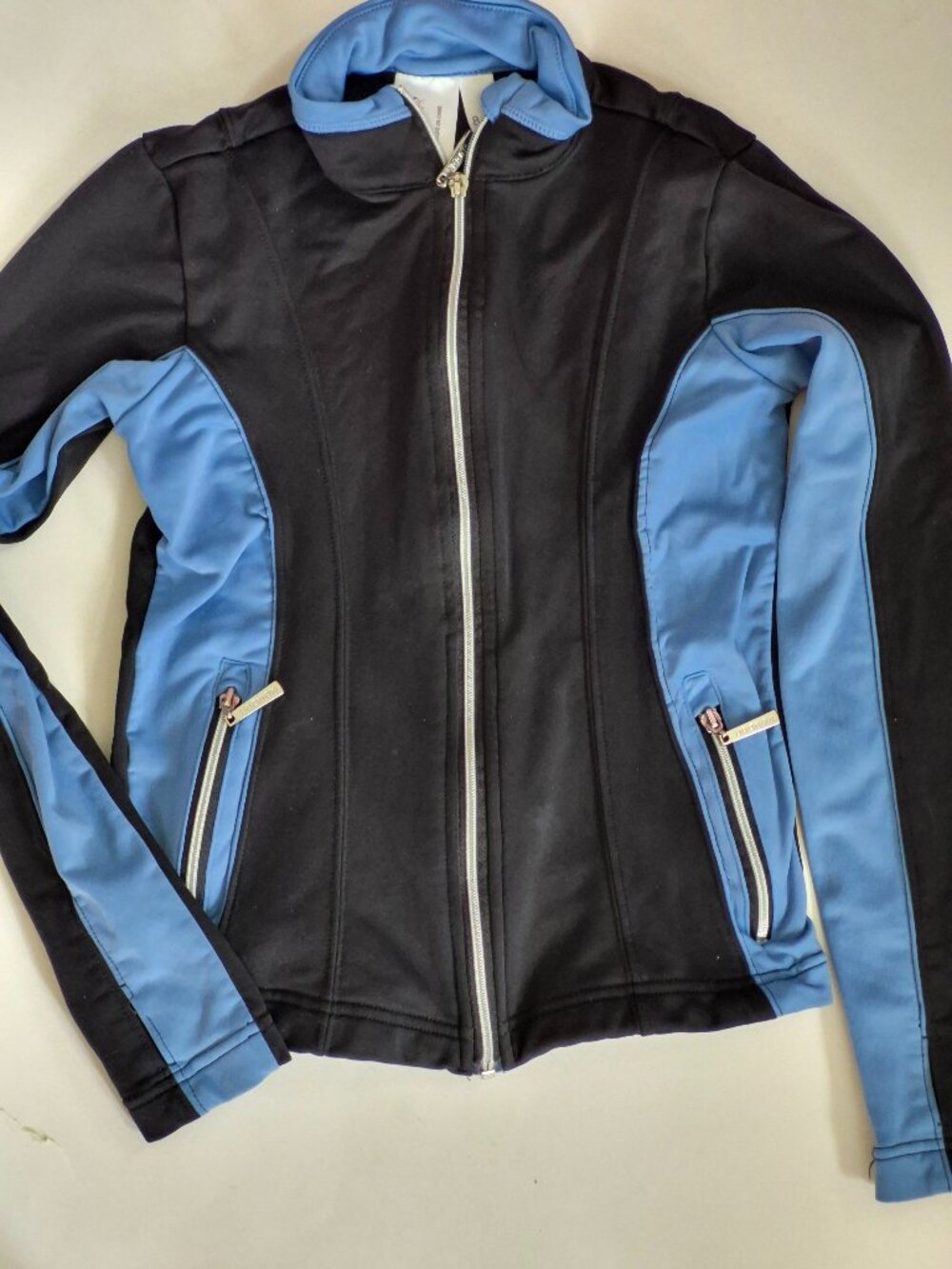 Mondor Figure Skating Jacket Girls Size 8-10 Black Blue Full Zip Warm-Up Jacket